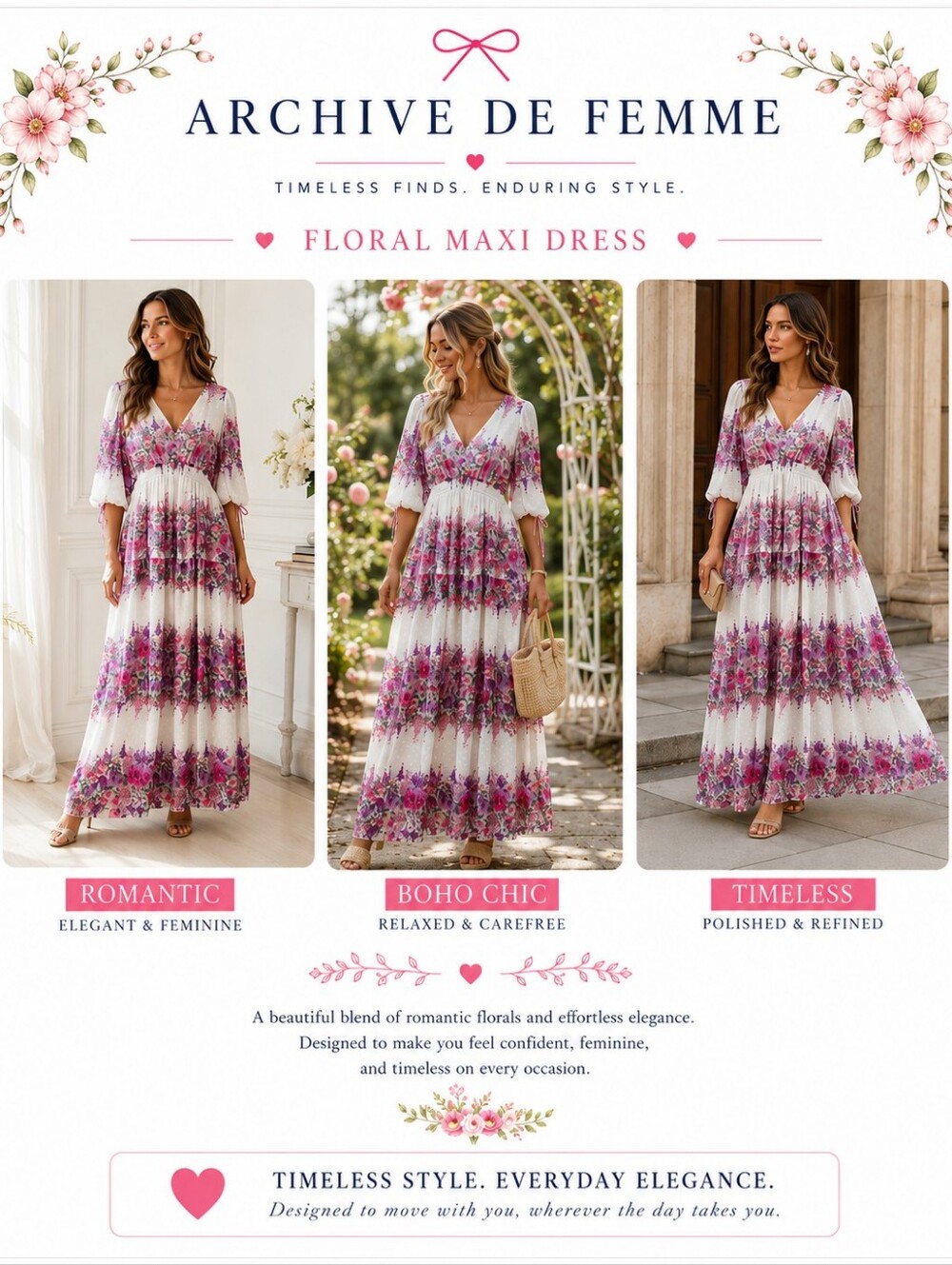 White and Pink Floral Maxi Dress - Women's V-Neck Tiered Dress - Picture 3 of 8